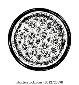 Vector sketch of Pesto pizza. Tasty Italian pizza topped with cheese, cherry tomatoes and pesto sauce. Vector black and white illustration.