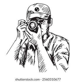 Vector sketch of a photographer with a camera in his hands. Hand-drawn illustration.	