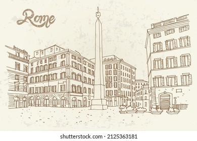 vector sketch of  Piazza di Monte Citorio, Rome, Italy. Artistic retro style.