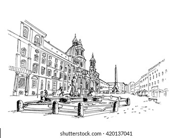 vector sketch of Piazza Navona, Rome. Italy. 