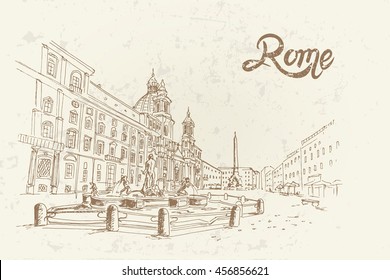 vector sketch of Piazza Navona, Rome. Italy. Retro style.