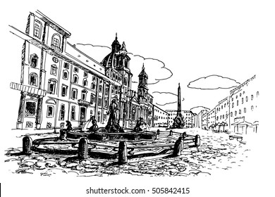 vector sketch of Piazza Navona, Rome. Italy.