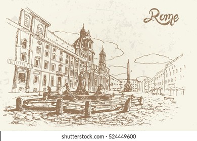 vector sketch of Piazza Navona, Rome. Italy.