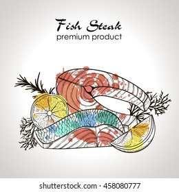 Vector sketch of the pieces of fish, herbs, spices and lemon isolated on white background. Line silhouette handmade salmon steak. Sea food in retro style 