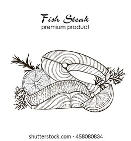 Vector sketch of the pieces of fish, herbs, spices and lemon isolated on white background. Line silhouette handmade salmon steak. Sea food in retro style 