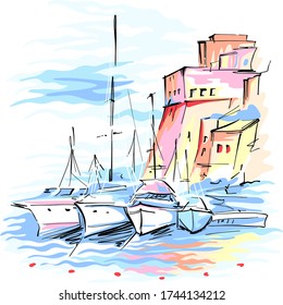 Vector sketch of pier with fishing boats and medieval fortress in Cala Marina, harbour of Castellammare del Golfo, Sicily, Italy.