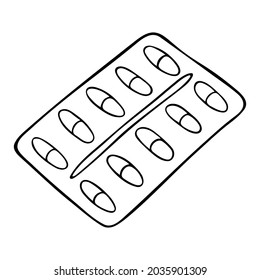 Vektorgrafik Pillen Blisterpackung einzeln auf weißem Hintergrund. Handgezeichnete Tabletten Symbol. Doodle medizinische Illustration. Für Druck, Web, Design, Dekoration, Logo. 