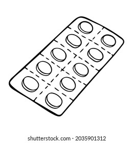 Paquete blister de pastillas vectoriales aislado en fondo blanco. Icono de pastillas dibujadas a mano. Ilustración médica de Doodle. Para imprimir, web, diseño, decoración, logotipo. 