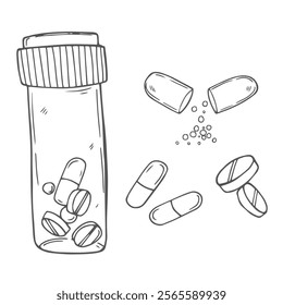 Vector sketch pills, tablet, capsule and package bottle isolated on white background. Hand drawn medical illustration. For print, web, design, decor, logo.