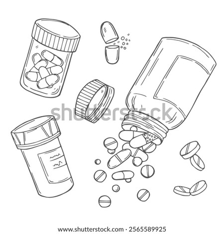 Vector sketch pills, tablet, capsule and package bottle isolated on white background. Hand drawn medical illustration. For print, web, design, decor, logo.