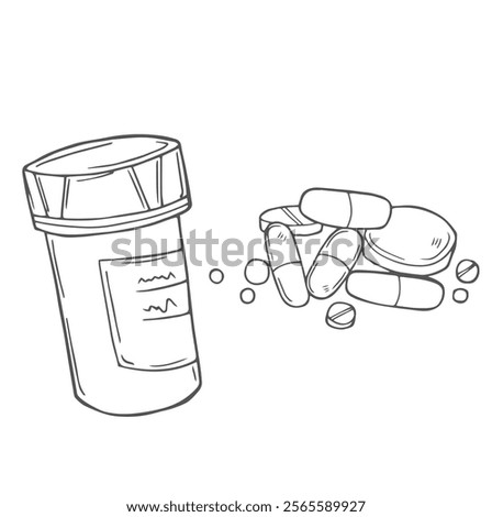 Vector sketch pills, tablet, capsule and package bottle isolated on white background. Hand drawn medical illustration. For print, web, design, decor, logo.