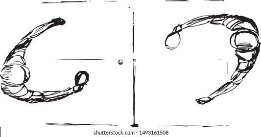 Vector sketch of a ping pong match viewed from above, featuring two players mid-rally. Dynamic overhead composition with expressive ink lines and minimal detail on white background.