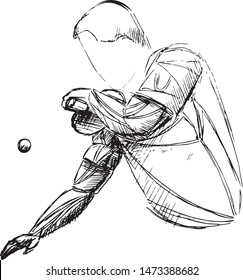 Vector sketch of a ping pong player in mid-action, returning the ball with dynamic arm movement. Hand-drawn ink style on white background, emphasizing energy and focus.