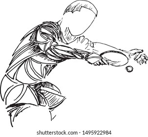 Vector sketch of a ping pong player executing a backhand stroke. Hand-drawn lines capture precision, movement, and athletic form on a clean white background.