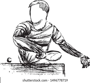 Vector sketch of a ping pong player performing a close-to-the-table backspin shot. Hand-drawn black ink lines highlight precision, control, and intense concentration.