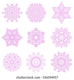 Vector sketch with pink snowflakes on white background. Snowflakes set.