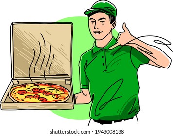 The vector sketch of the pizza delivery boy