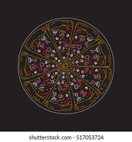 Vector sketch pizza on black background. Element for menu