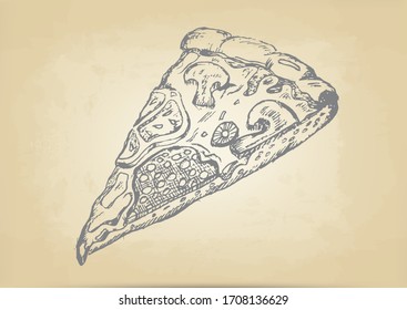 vector sketch pizza slice with salami mushrooms tomatoes olives and cheese. the background is old parchment.
