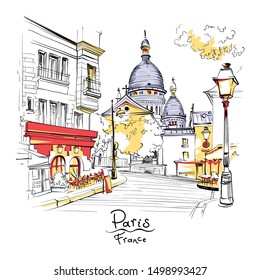 Vector sketch of the Place du Tertre and the Sacre-Coeur, quarter Montmartre in Paris, France