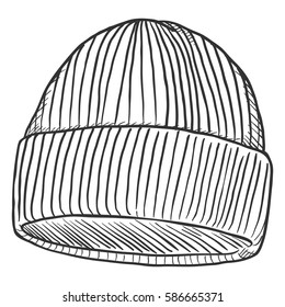Vector Sketch Plain Knitted Winter Cap. Front View.