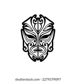 Vektorskizze einer polynesischen Gottholzmaske in Schwarz-Weiß für eine Tätowierung.