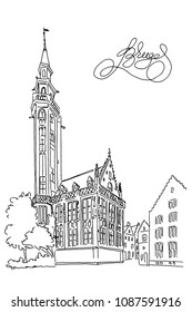 Vector sketch of The Poortersloge building  on the Jan van Eyck square in the old town of Bruges (Brugge), Belgium