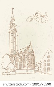 Vector sketch of The Poortersloge building  on the Jan van Eyck square in the old town of Bruges (Brugge), Belgium