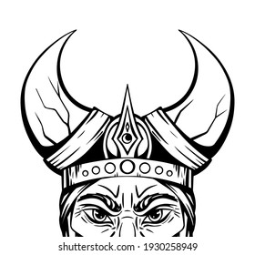 Vector sketch portrait of an ancient viking in a horned helmet. The head of a barbarian warrior. Angry eyes. Ink element for tattoo. Hand-drawn illustration for postcards.