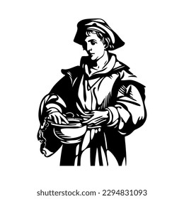 vector sketch portrait man with bowl icon isolated