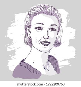 Vector sketch portrait of real young woman with smiling face. Facial expressions, people positive emotions, natural smile. Hand drawn happy person, monochrome colors, painting spot effect.