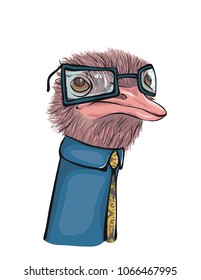 Vector sketch portret of Ostrich in shirt, tie and eyeglasses