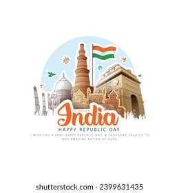 vector sketch poster of  indian monuments for india republic Day (26 January).