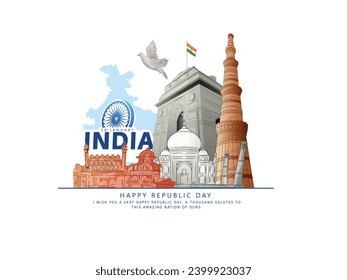 Vector sketch poster of  indian monuments with creative calligraphy for india republic Day (26th January)