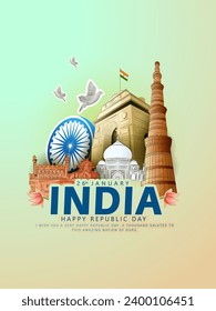 Vector sketch poster of  indian monuments with creative calligraphy for india republic Day (26th January)