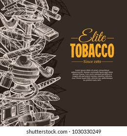 Vector sketch posters with tobacco and smoking collection on chalkboard. Hand drawn background with cigarettes, cigars, hookah, tobacco leaves, pipes