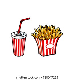 Vector sketch potato fry, french fries on striped red white paper box, soft cold drink disposable cup with straw and lid. Hand drawn cartoon isolated illustration on a white background.