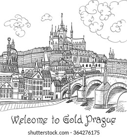Vector sketch of Prague landscape with Prague Castle and Charles Bridge