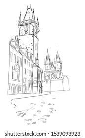 Vector sketch of  Prague Orloj - medieval astronomical clock mounted on Old Town Hall in the Old Town Square, Prague, Czech Republic, Europe.