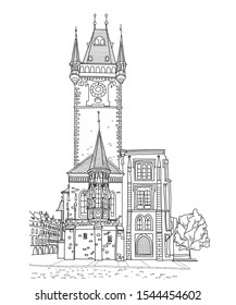 vector sketch of Prague Orloj - medieval astronomical clock mounted on Old Town Hall in Prague, Czech Republic.