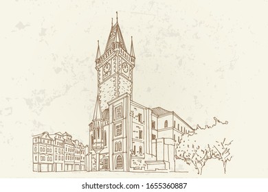 Vector sketch of Prague Orloj - medieval astronomical clock mounted on Old Town Hall, Prague, Czech Republic, Europe. Retro style.