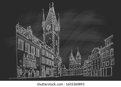 Vector sketch of Prague Orloj - medieval astronomical clock mounted on Old Town Hall, Prague, Czech Republic, Europe. Retro style.