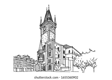 Vector sketch of Prague Orloj - medieval astronomical clock mounted on Old Town Hall, Prague, Czech Republic, Europe.