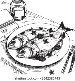 Vector sketch print of a fish dish in a restaurant on a plate, served table with forks and spoons, napkins, and drinks on the table