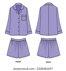 Vector sketch of purple colored pajamas. Set of pajama shirt drawings with long sleeves and collar, front and back view. Drawing of short pajama shorts front and back view.