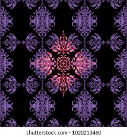 Vector sketch. Purple, pink and violet glitter snowflakes on a black background. Christmas motley snowflakes seamless pattern. Symbol holiday, New Year 2018 celebration. Winter snow design wallpaper.