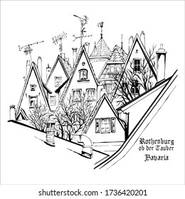 Vector sketch of quaint facades and roofs of medieval old town, Rothenburg ob der Tauber, Bavaria, Germany