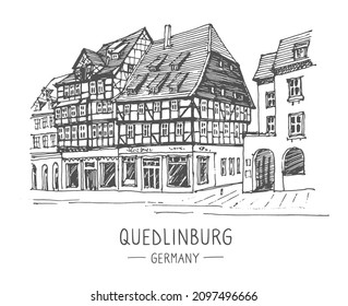 Vector sketch of Quedlinburg, Germany. Hand drawing of the old town, Quedlinburg. Historical building line art. Hand drawn travel postcard. Urban sketch in black color isolated on a white background.