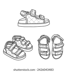 Vector of sketch quilted sandals triple straps for kids, isolated on a white background