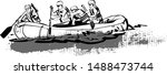 the vector sketch of rafting boat on the river